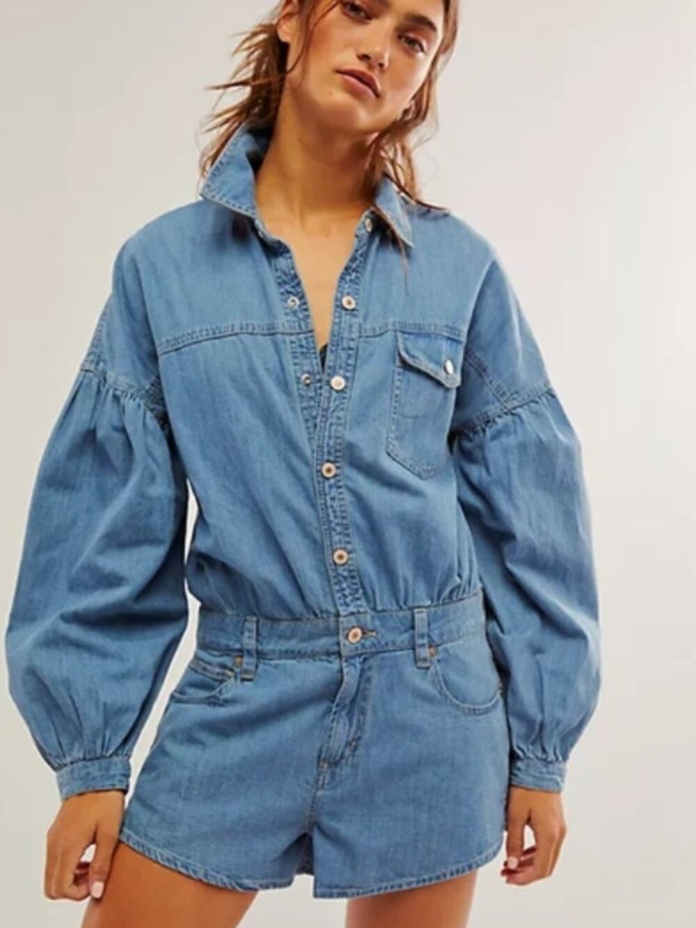 Free People We The Free Zodiac Chambray One-Piece Collared Neck Romper M